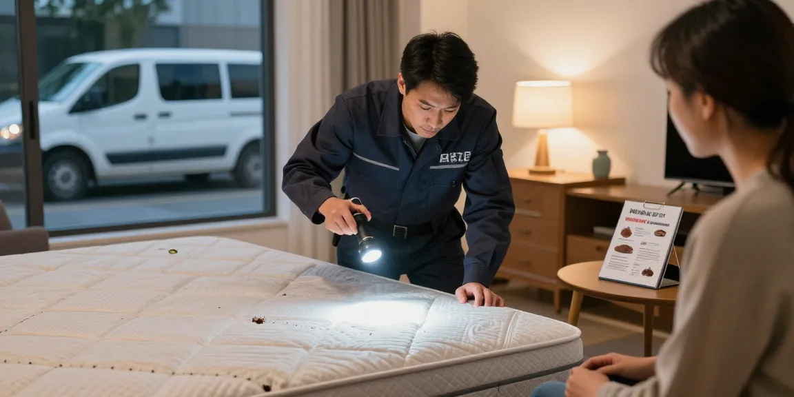 Professional inspecting for bed bug pest control in a cozy bedroom.