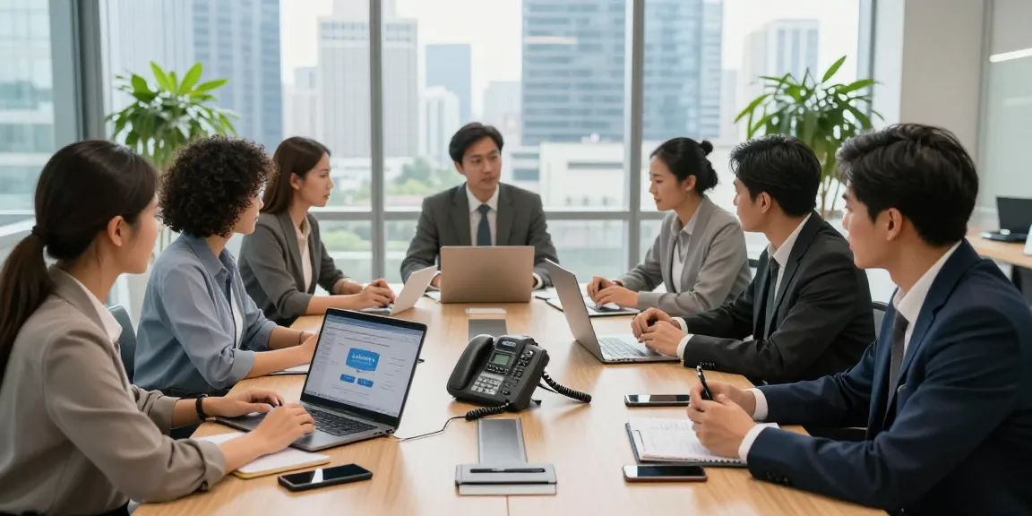 Team discussing office business phone systems in a modern conference room, showcasing collaboration and technology.