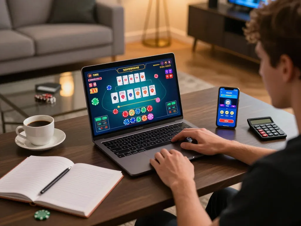 Engaging in online gaming at 789WINCOM TOWN with laptop, smartphone, and strategy notes.