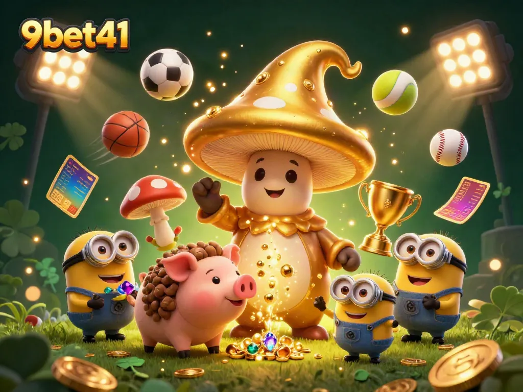 Experience the thrill with 9bet41's vibrant fantasy casino scene filled with treasures and dynamic sports elements.