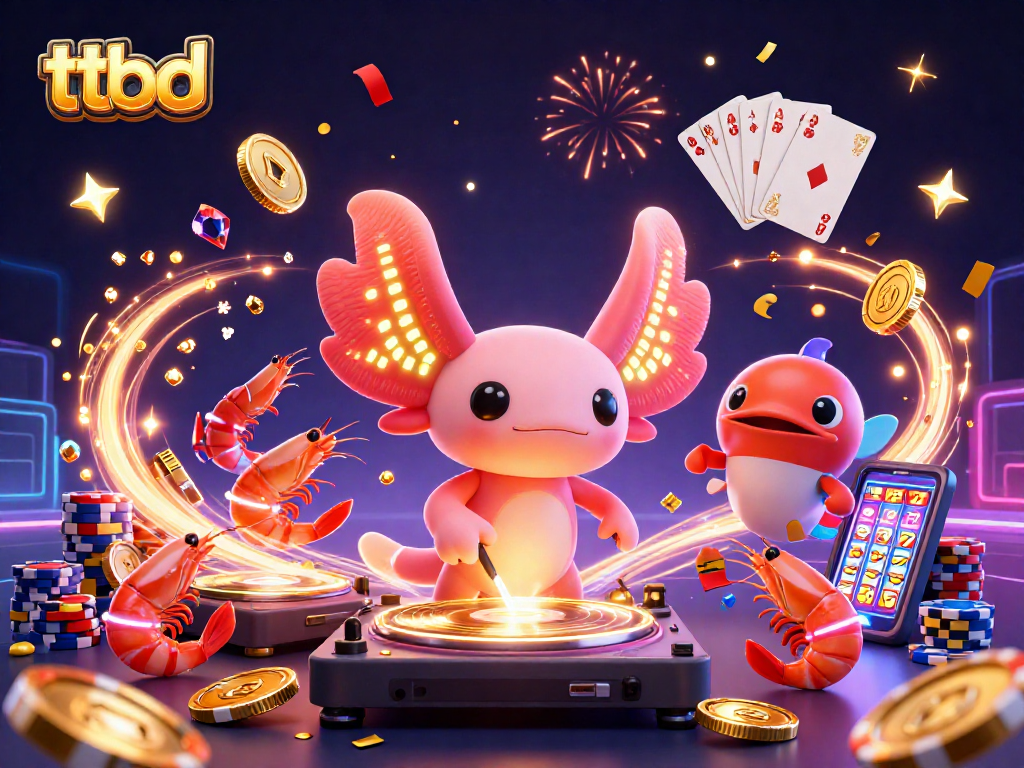 Experience ttbd joy as axolotl DJ spins winning vibes with coins and cards in a dynamic casino scene.