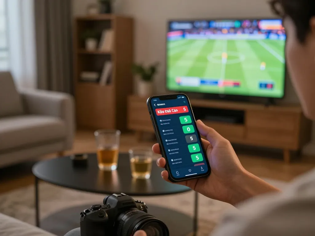 Kèo nhà cái 5 displayed on smartphone while sports betting in a cozy living room setting.