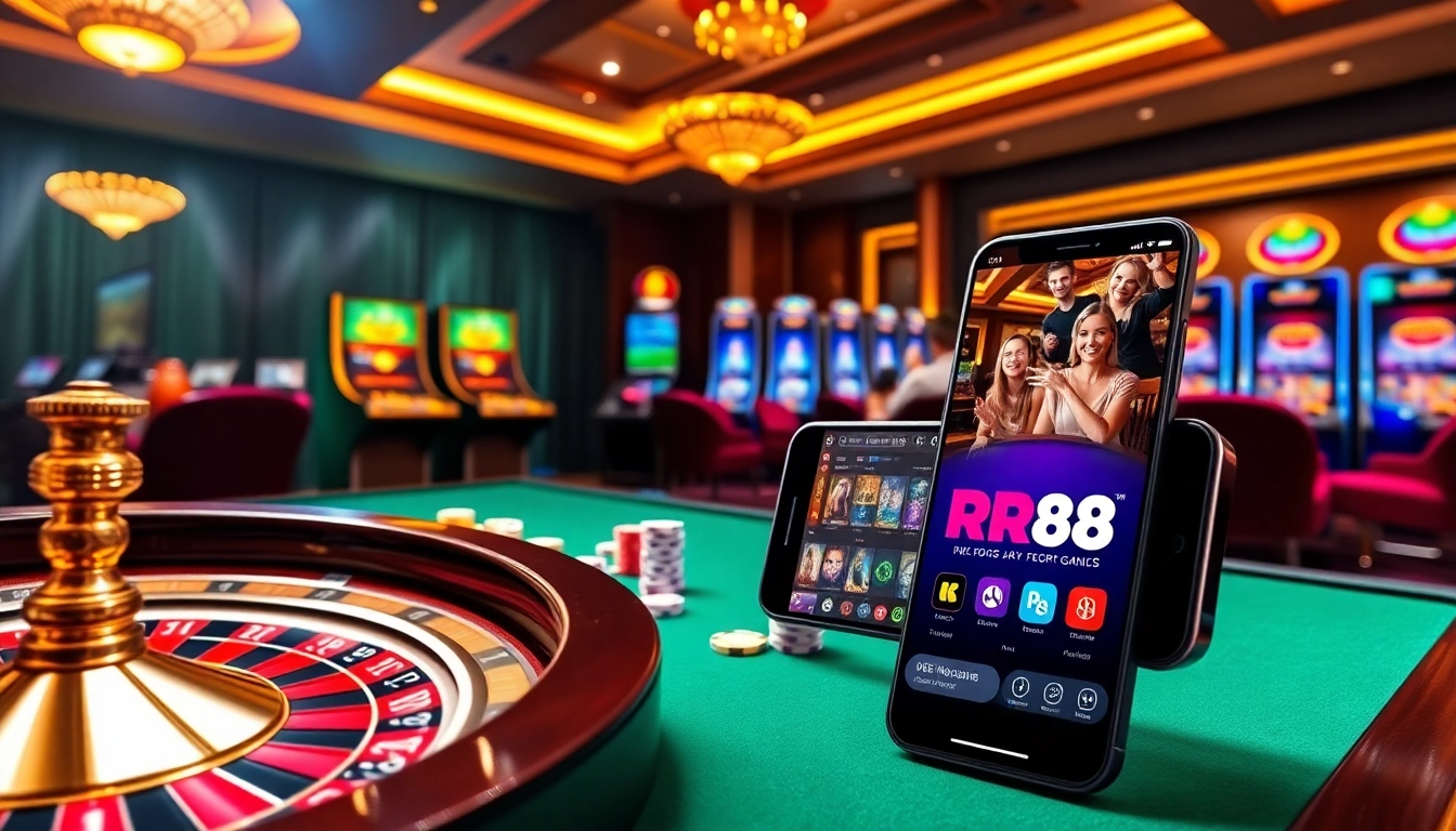 Experience thrilling gameplay with RR88 apk, showcasing engaging casino activities and vibrant poker chips.