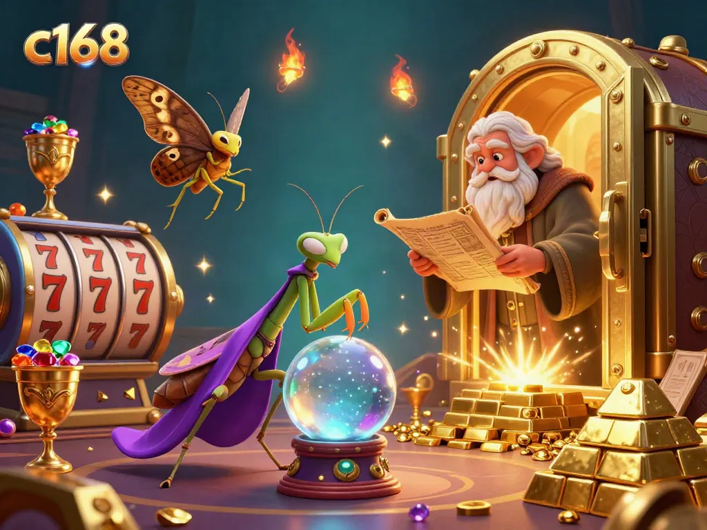 Experience fortune with c168 in this vibrant casino scene featuring engaging characters and treasure.