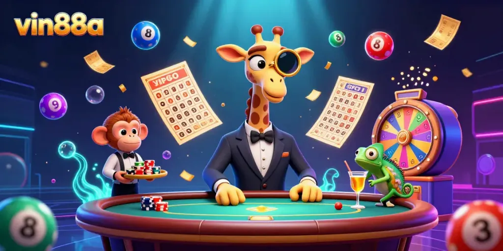 Experience thrilling gaming at vin88a with vibrant characters and lively casino elements.