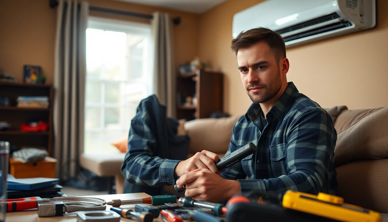 AC Repair Tampa technician expertly fixing a home air conditioning unit in a cozy living room.