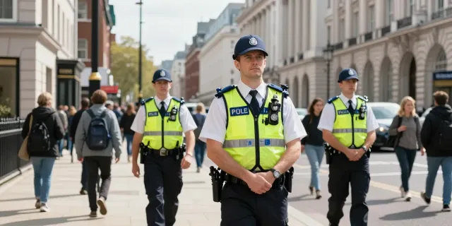 Security Guard monitoring a vibrant London street, ensuring safety for locals and visitors