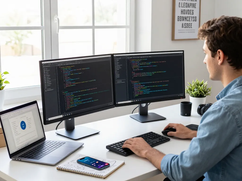 快连 VPN application in a tech workspace, showcasing modern coding tools and an inspiring atmosphere.