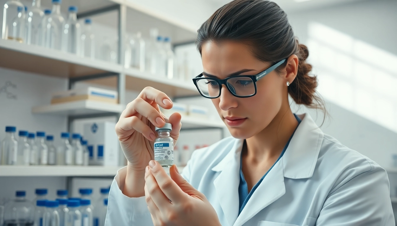 Researcher analyzing Peptides UK in a sterile laboratory environment.