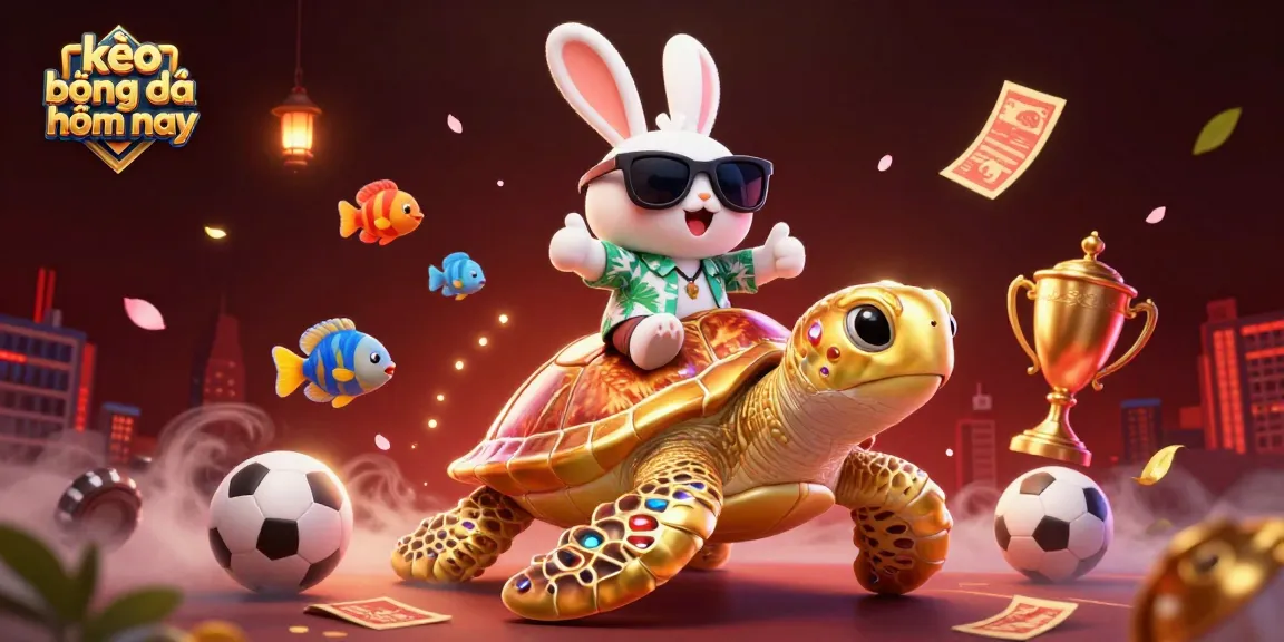 Engage in kèo bóng đá hôm nay with a lucky rabbit on a golden turtle in a vibrant sports-themed scene.