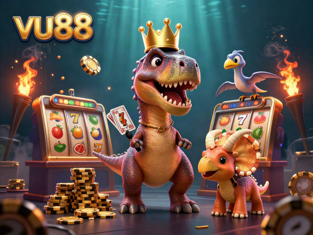 Experience thrilling gameplay with vu88 featuring cartoon dinosaurs in a casino atmosphere filled with jackpots and rewards.