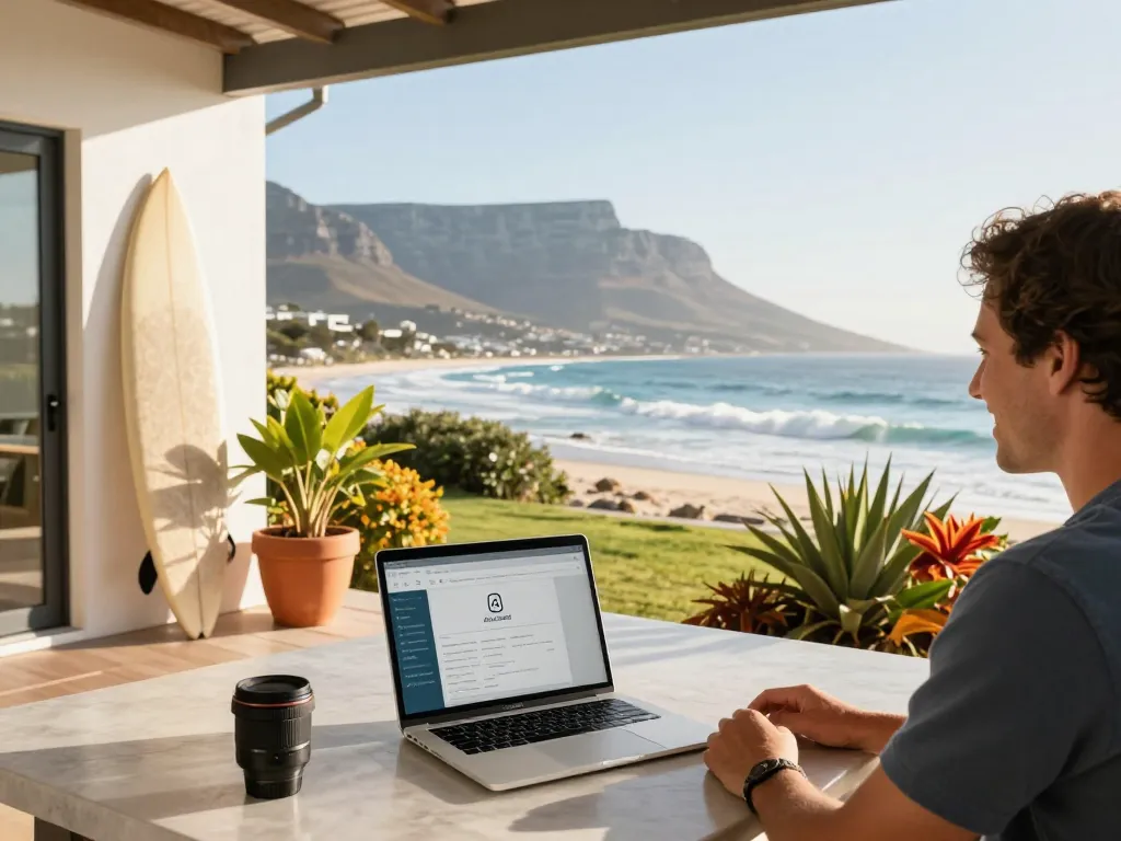 Stunning Airbnb management Cape Town scene with hosts welcoming guests at a coastal property