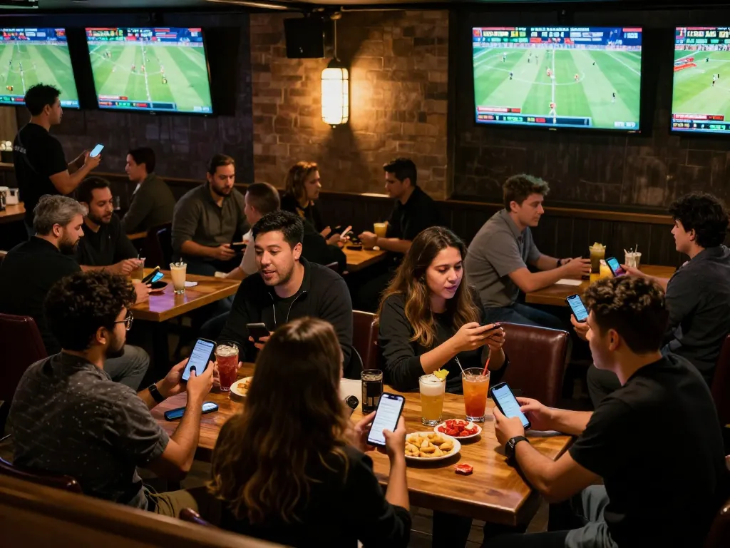 Engaged sports fans placing bets on web cá độ bóng đá while watching live games in a vibrant sports bar atmosphere.