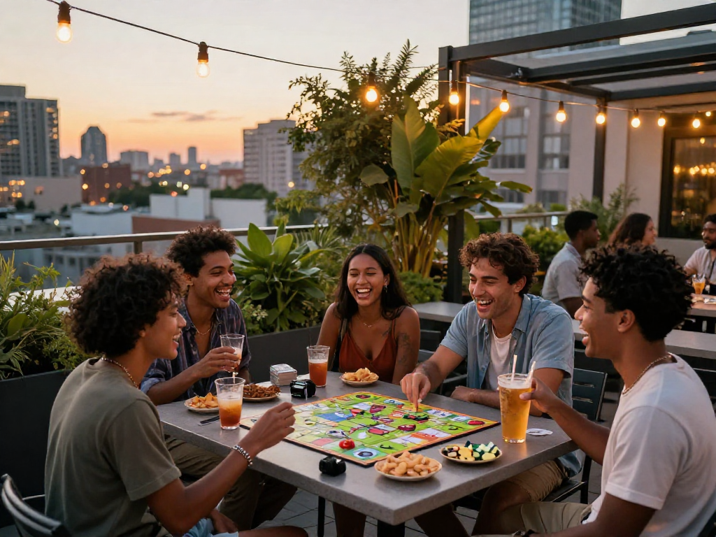 Friends enjoying an NSFW-themed gathering on a rooftop, vibrant urban setting.