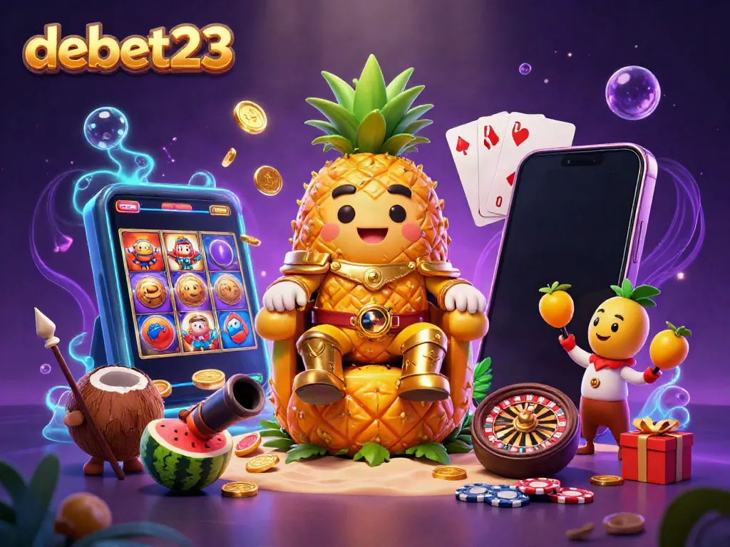 Experience the vibrant casino world of debet23 with a lively illustration featuring a golden pineapple king and his entourage.