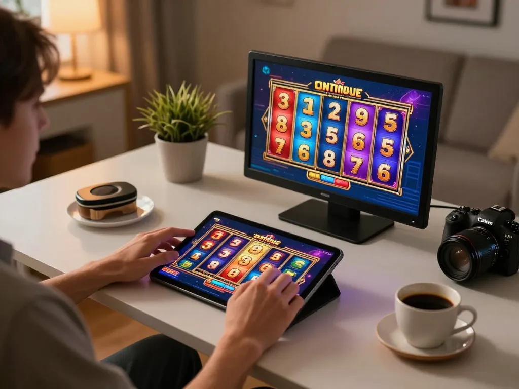 Engaging gameplay on Luck8, a player enjoying vibrant slot reels on tablet in a cozy home setting.