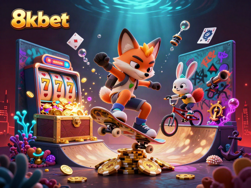 Catch exhilarating moments at 8xbet with a racing fox and rabbit in a vibrant casino scene.