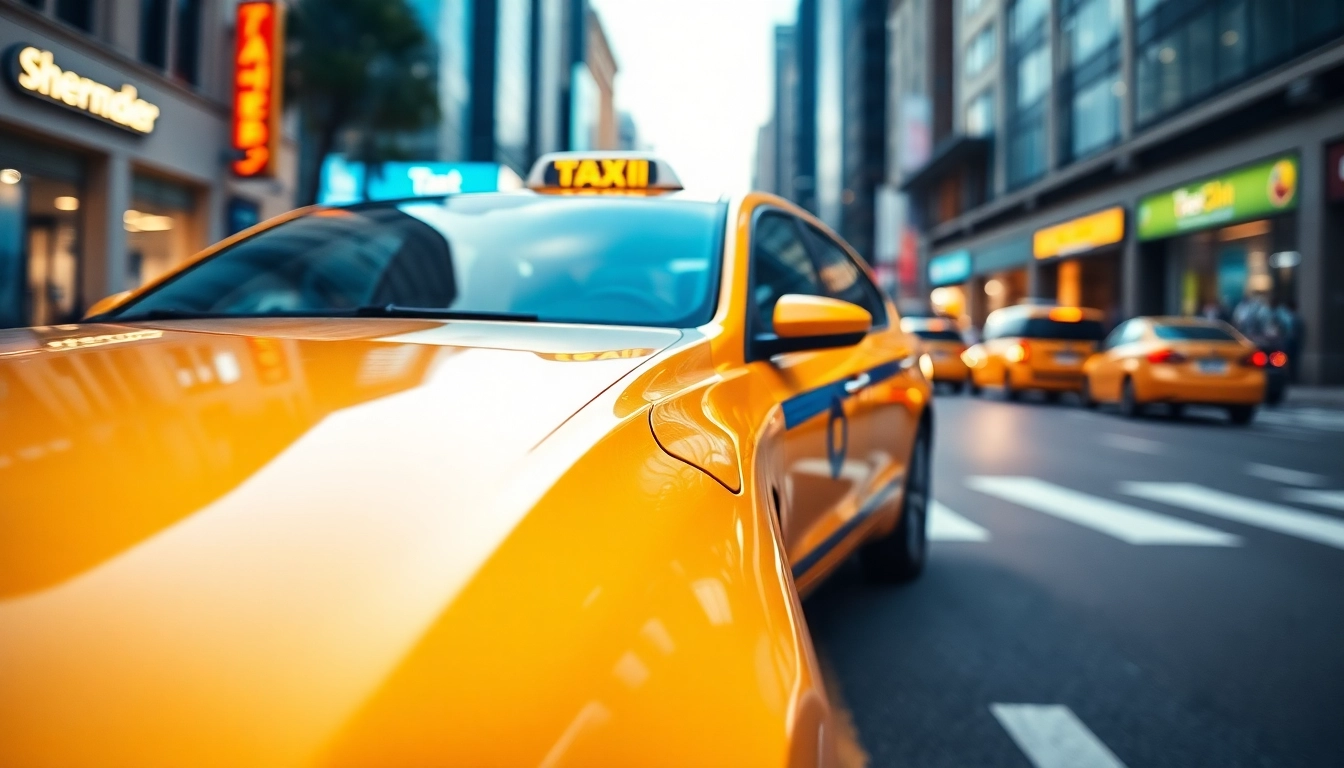 Sheerwater taxi moving through a vibrant urban street, emphasizing sleek design and city energy.