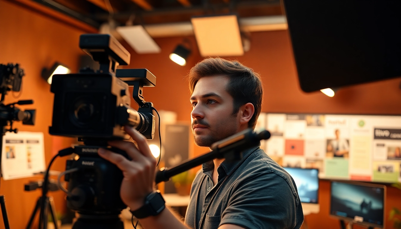 Creating branded content in a professional videography studio with vibrant lighting.