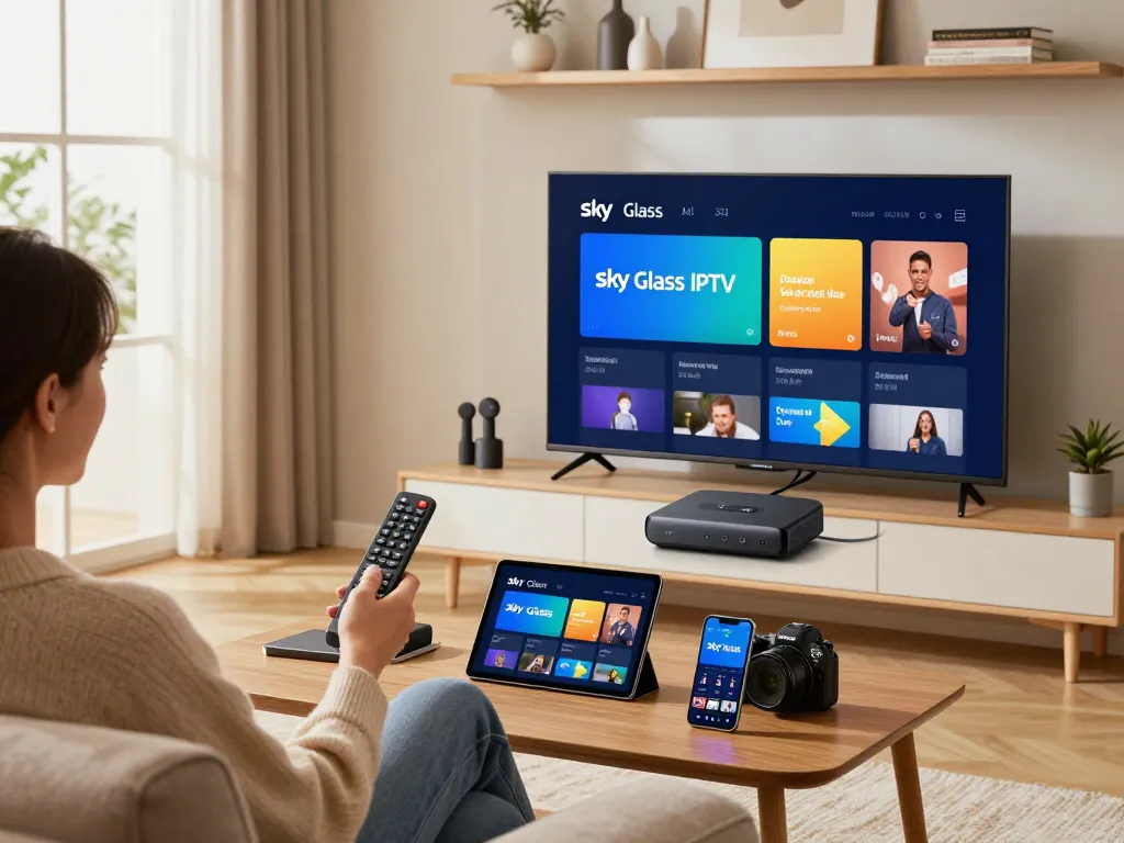 Sky Glass IPTV installation Guide with user enjoying smart TV setup at home