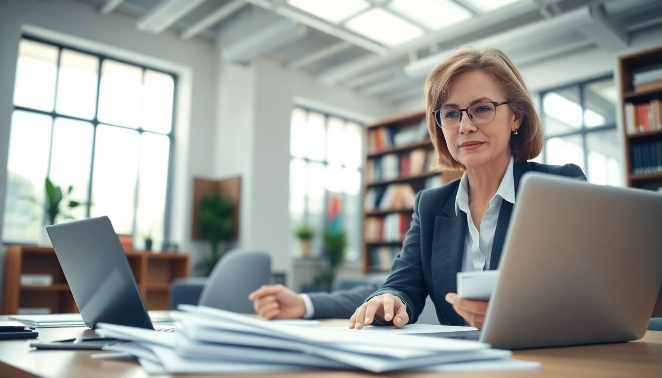 Consultant analyzing Federal and State contracts and grants in a professional office setting.