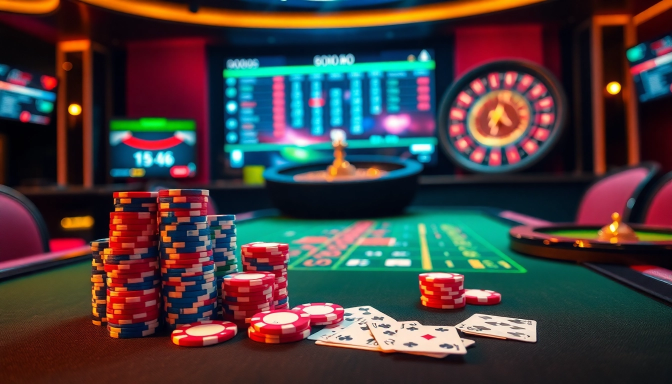 Experience the excitement of online gaming at dom88.us.com with vibrant poker chips and a roulette wheel.