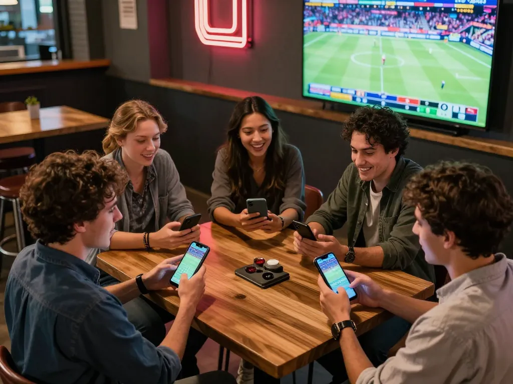 Friends engaging in lively sports betting at a bar while using lucky888 betting apps on their smartphones.