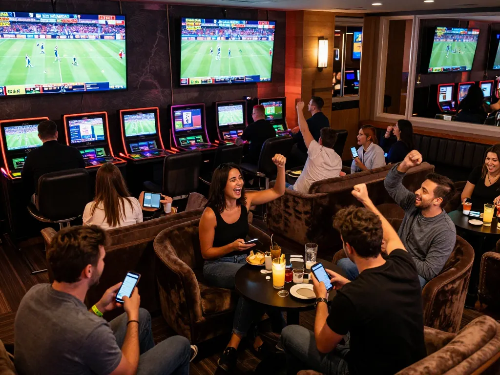 vin88 bettors engaging in live sports betting at upscale lounge with screens.