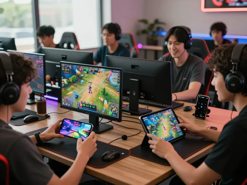 Group of gamers enjoying tải hitclub on mobile devices in a vibrant chat room.