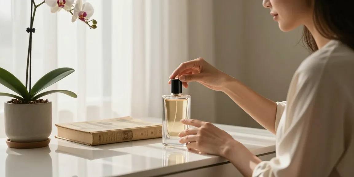 Understanding perfume notes explained through a serene scene with a woman applying fragrance elegantly.