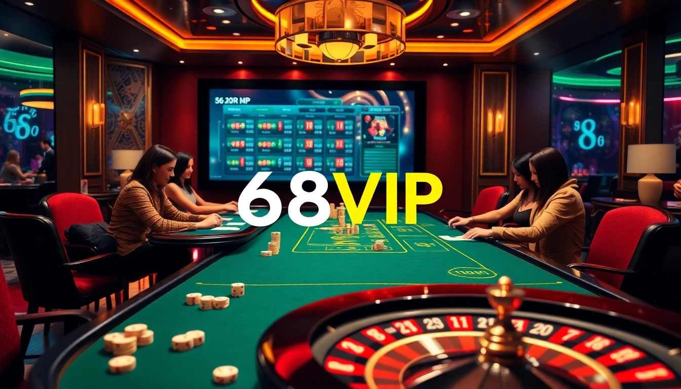 Experience 68VIP excitement at a luxury casino table with vibrant gambling activities.