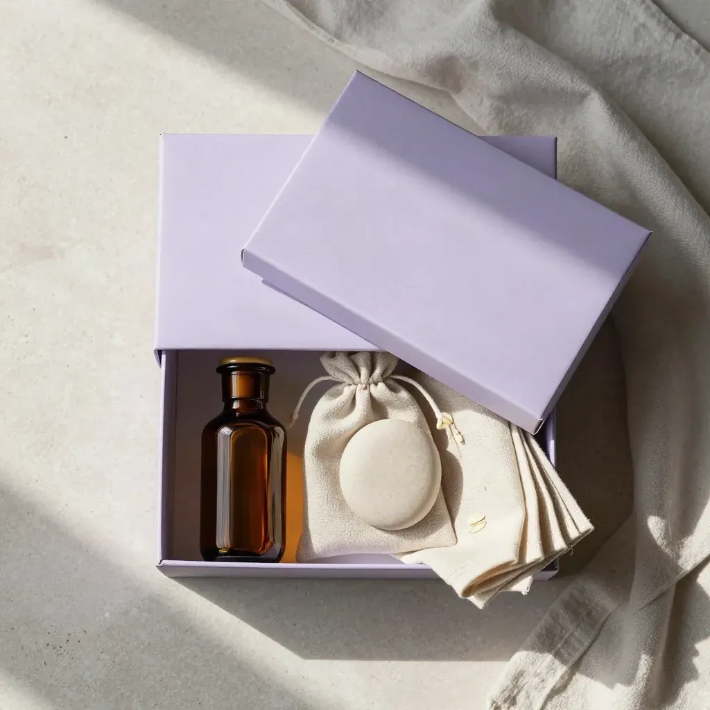 Overhead sleep box flatlay with amber vial, linen sachet, ceramic stone and folded towel on pale stone.