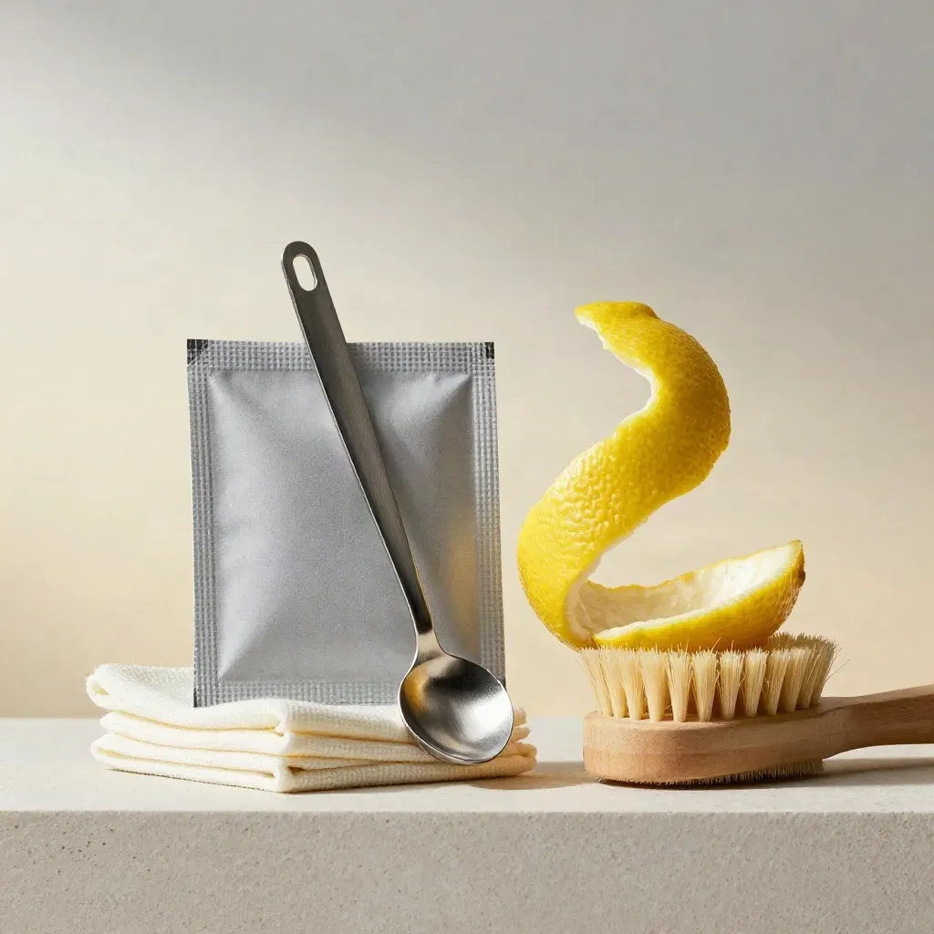 Citrus kitchen reset kit with refill sachets, sponge cloth, scoop, lemon peel and brush on pale plaster.