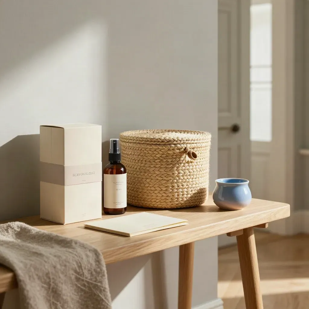 Storage basket, room spray and gift note on a pale oak console in a bright entryway.