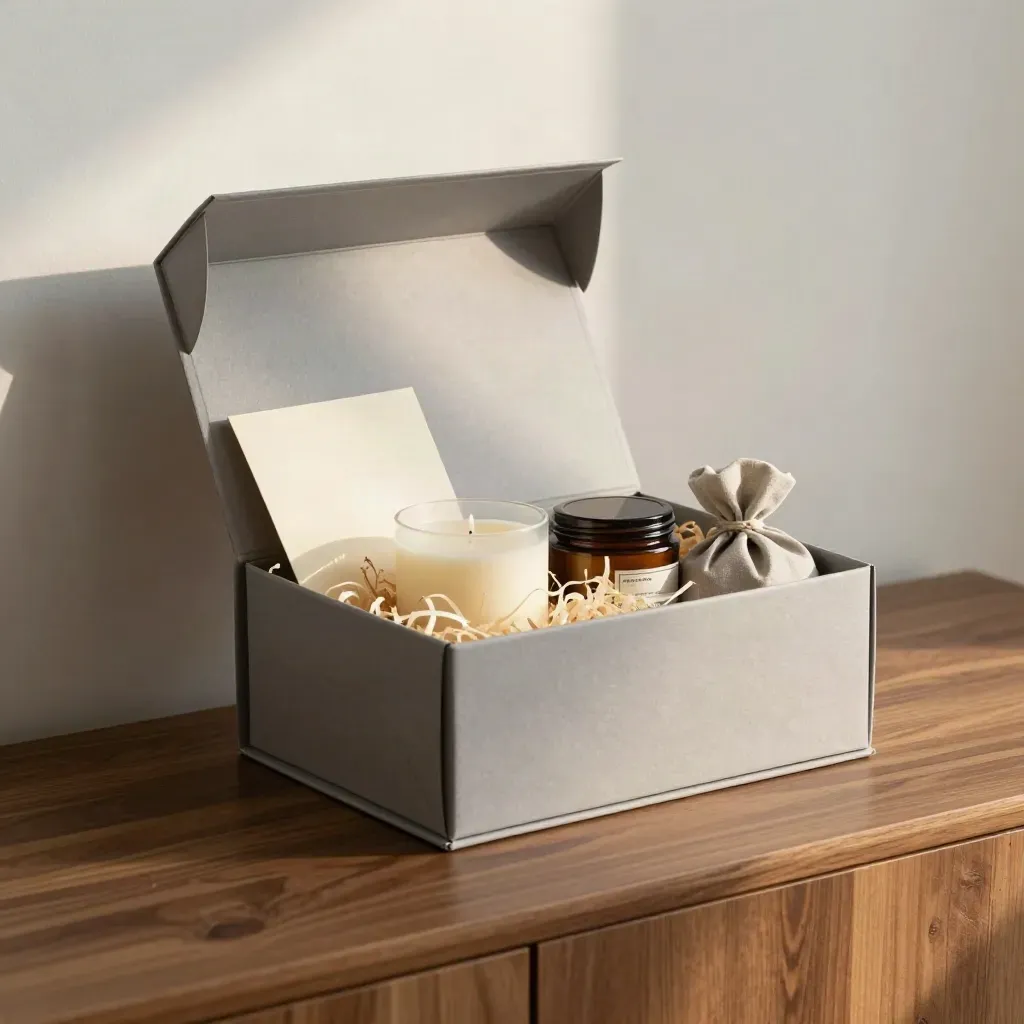 Open winter gift bundle with candle, gift card and shredded paper on a walnut sideboard.
