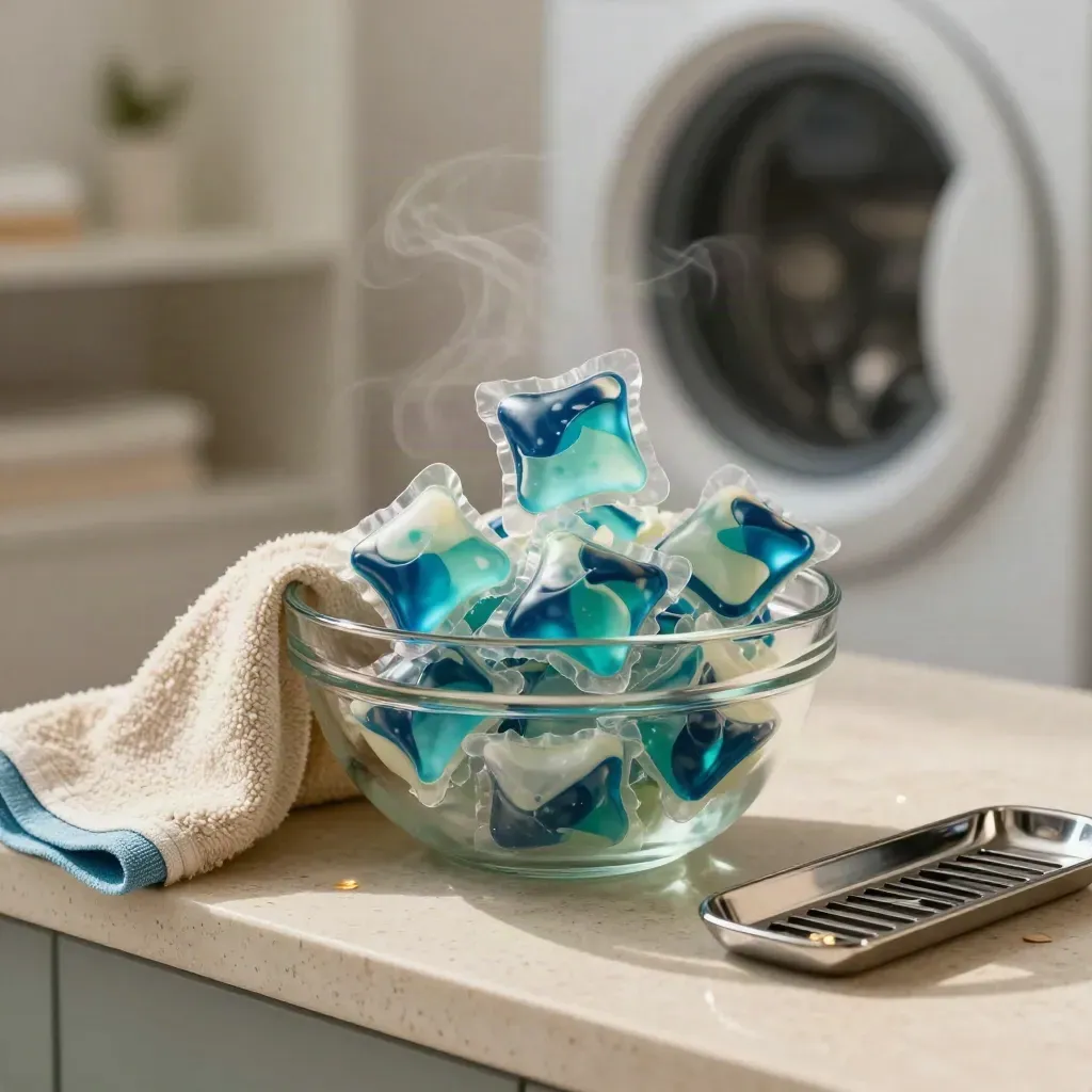 Glass bowl of laundry pods with towel and chrome tray on travertine, pods caught mid-air.