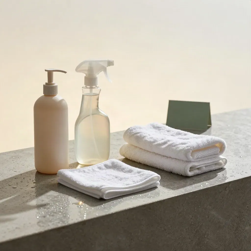 Bathroom Shine Kit on wet stone with bottle, spray trigger, cloth, towel, and marble edge.