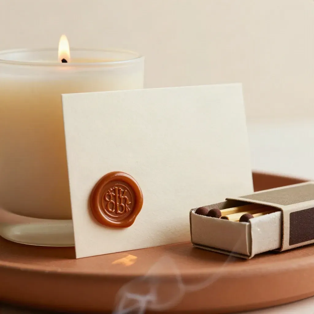 Close-up candle, blank card, wax seal and matchbox on terracotta with smoke and warm light.