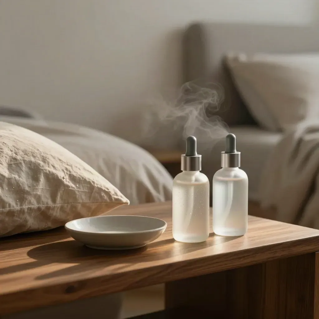 Two frosted sleep mist bottles on a walnut bedside shelf with soft bedding and a faint mist cloud.