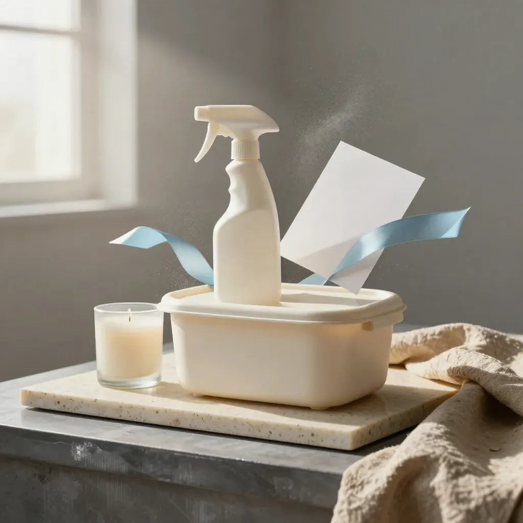 Burst-open home reset bundle with spray, storage tub, candle, wrap and gift note in dramatic light.