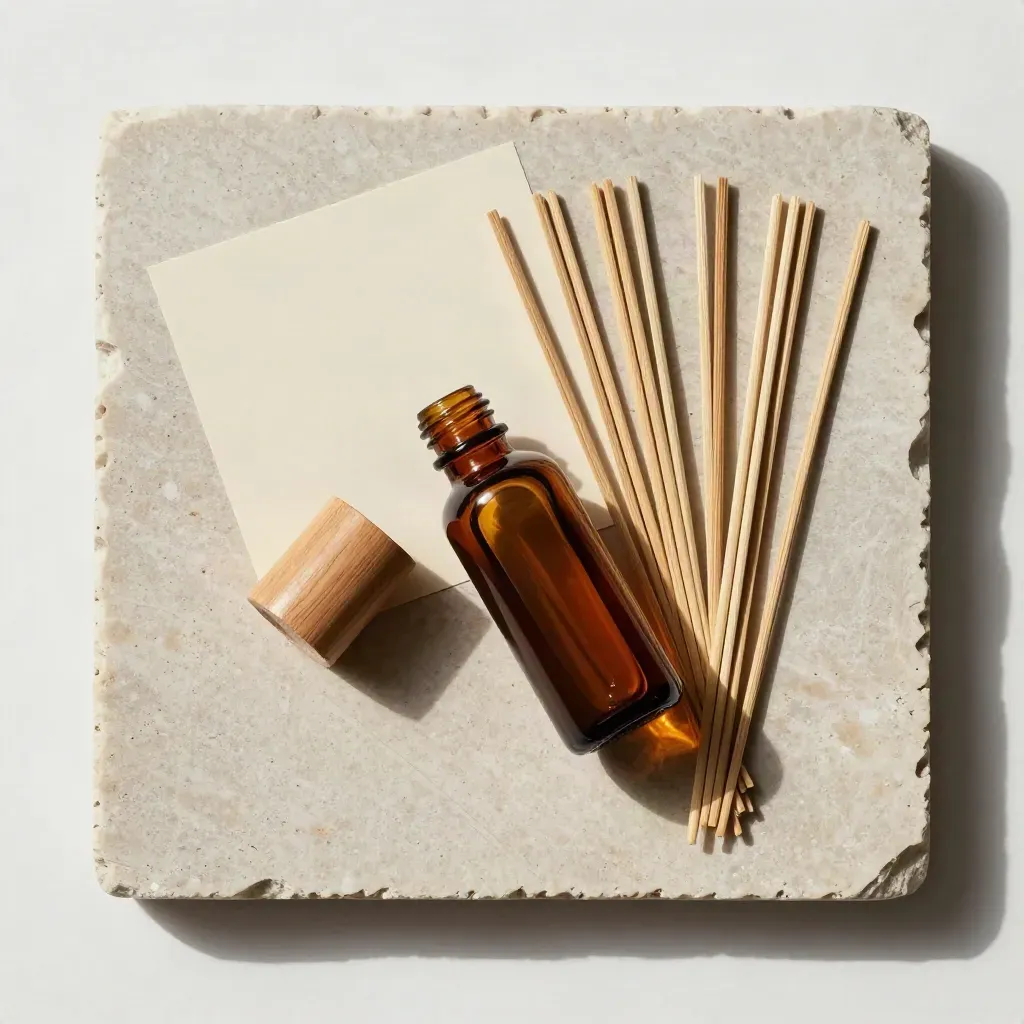Overhead flatlay of an amber reed refill bottle with loose reeds and a wooden cap on pale stone.