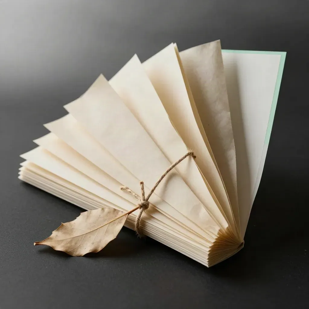 Ten paper sheets fan upward with twine and a bone folder on a dark studio surface.