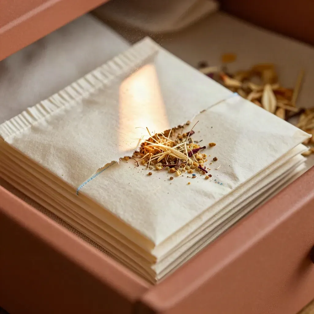 Macro of torn drawer fresh sachets with botanical fibres and a powdery spill in a terracotta drawer