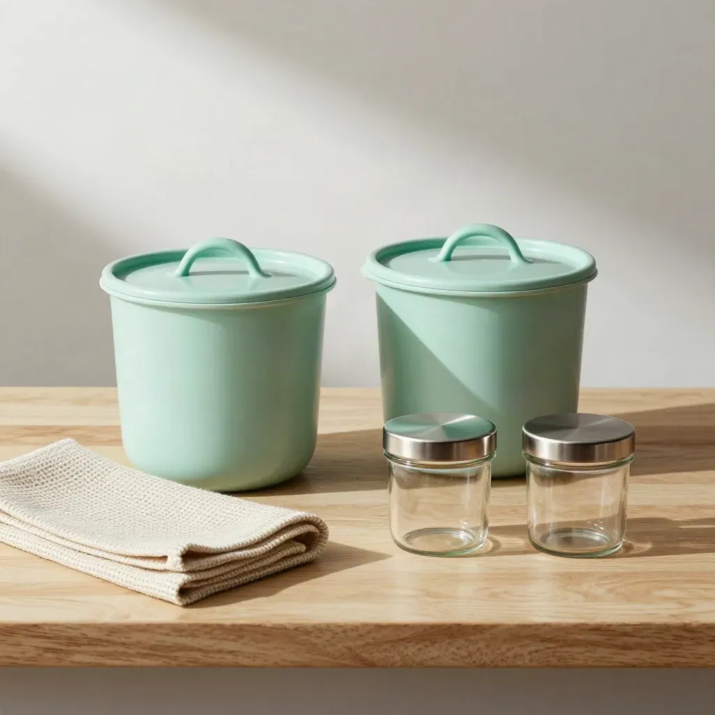 Top-down mint storage tubs with lids, a woven cloth, and pantry jars on pale wood.
