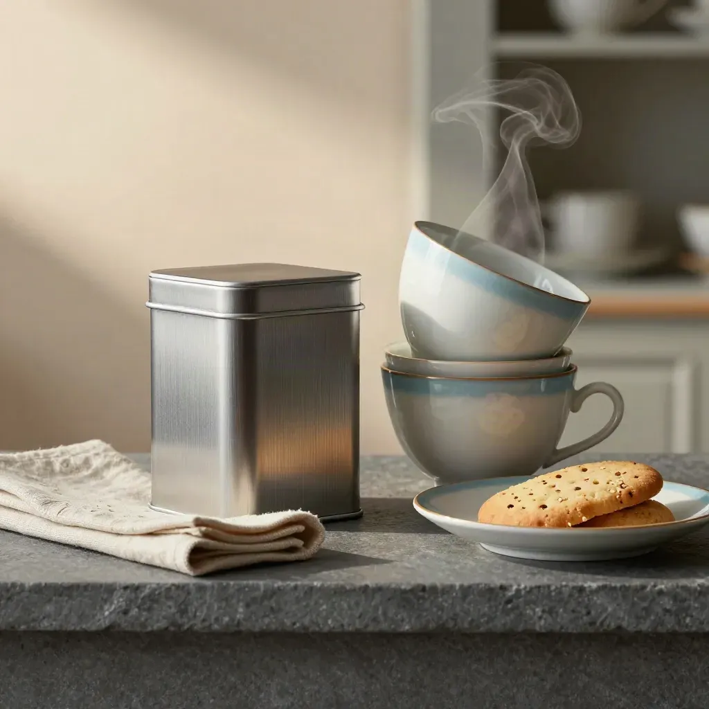 Macro tea gift pack with cups, tin, napkin, biscuit plate, and faint steam
