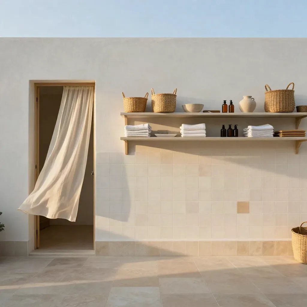 Sunlit utility room with baskets, cleaning cloths and a drifting curtain above calm floor space.