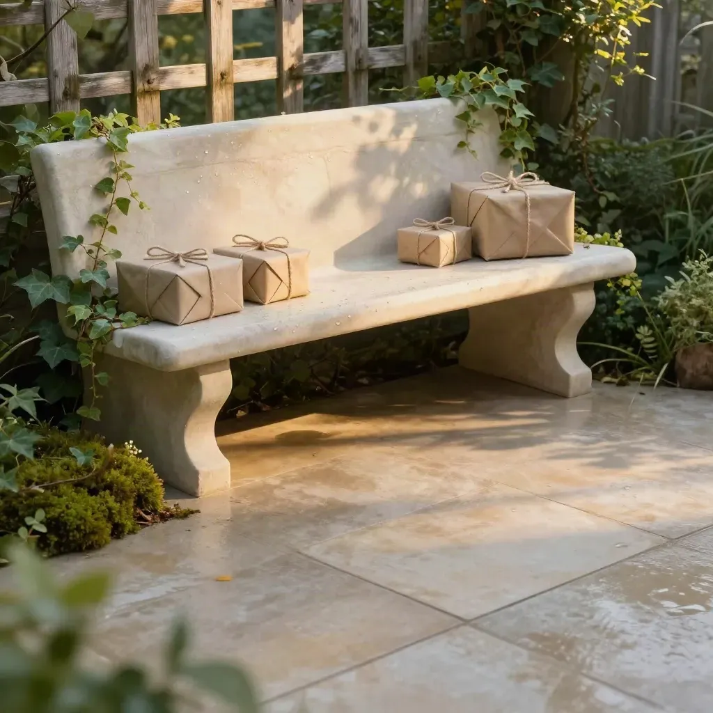 Rainy garden terrace with stone bench, wrapped bundles, and climbing ivy in golden light.