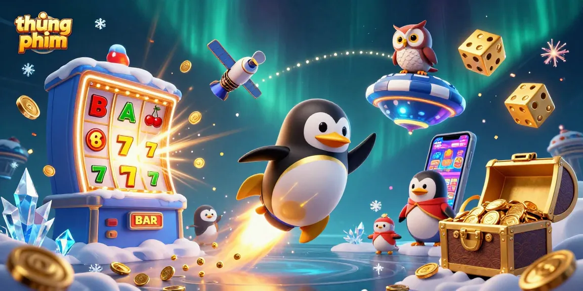 Engage in thrilling casino action with thúng phim as a golden penguin flies past a jackpot explosion.