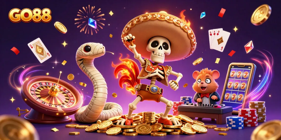 Experience winning thrills at GO88 with vibrant casino characters celebrating among gold coins and game elements.