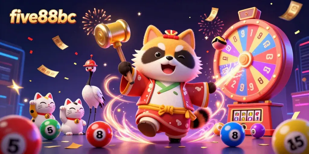 Engage with five88bc's vibrant gaming experience featuring lucky symbols and festive characters in a dynamic scene.